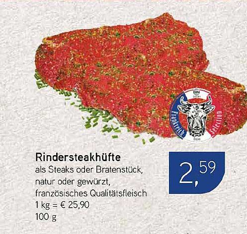 Rindersteakhüfte als Steaks oder Bratenstück, natur oder gewürzt, französisches Qualitätsfleisch 1 kg = € 25,90 100 g
