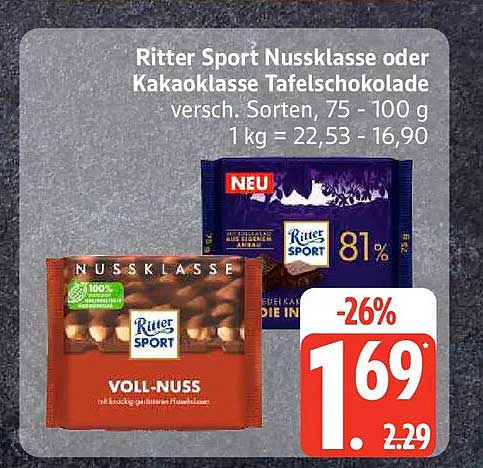 Ritter Sport Nussklasse oder Kakaoklasse Tafelschokolade