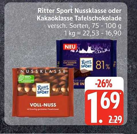 Ritter Sport Nussklasse oder Kakaoklasse Tafelschokolade