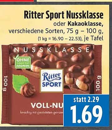 Ritter Sport Nussklasse oder Kakaoklasse, verschiedene Sorten, 75 g – 100 g, je Tafel