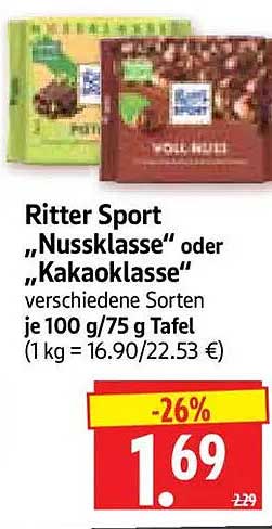 Ritter Sport „Nussklasse“ oder „Kakaoklasse“ verschiedenene Sorten je 100 g/75 g Tafel (1 kg = 16.90/22.53 €)