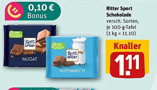 Ritter Sport Schokolade versch. Sorten, je 100-g-Tafel (1 kg = 11.10)
