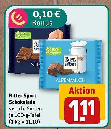 Ritter Sport Schokolade versch. Sorten, je 100-g-Tafel (1 kg = 11.10)