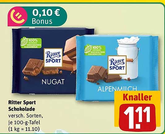 Ritter Sport Schokolade versch. Sorten, je 100-g-Tafel (1 kg = 11.10)