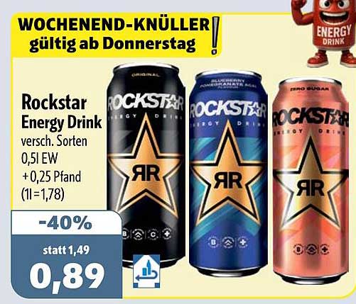 Rockstar Energy Drink versch. Sorten 0,5l EW + 0,25 Pfand (1l=1,78)