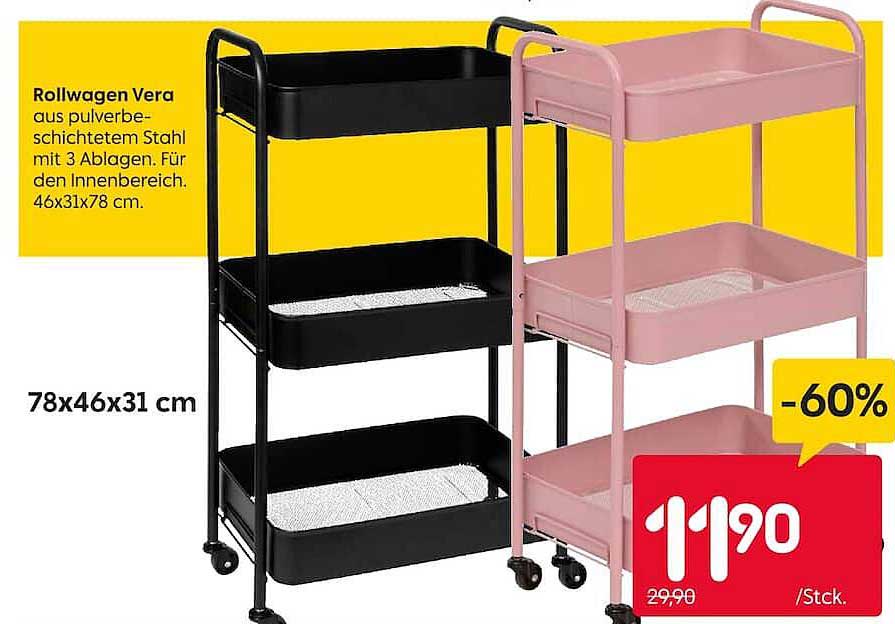 Rollwagen Vera aus pulverbeschichtetem Stahl mit 3 Ablagen. Für den Innenbereich. 46x31x78 cm.