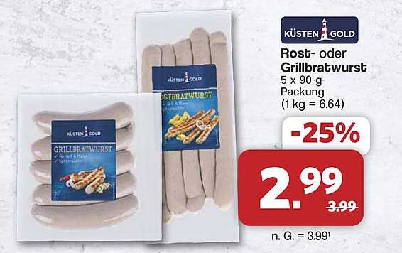 Rost- oder Grillbratwurst 5 x 90-g-Packung (1 kg = 6.64)