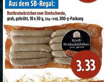 Rostbratwürstchen vom Strohschwein, grob, gebrüht, 10 x 30 g, (1 kg = 11,10), 300-g-Packung