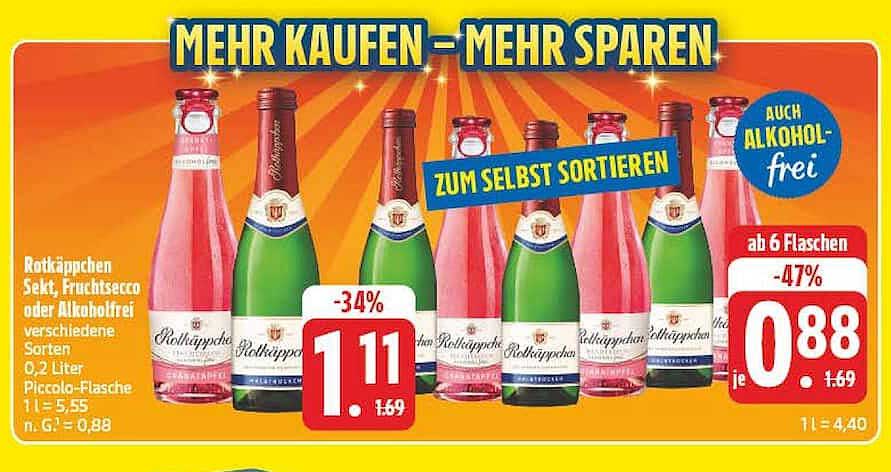 Rotkäppchen Sekt, Fruchtsecco oder Alkoholfrei verschiedene Sorten 0,2 Liter Piccolo-Flasche 1 l = 5,55 m. G. = 0,88