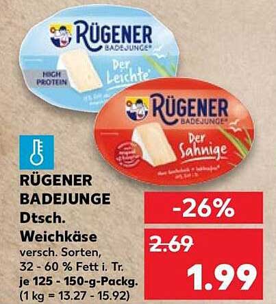 RÜGENER BADEJUNGE Dtsch. Weichkäse versch. Sorten, 32 - 60 % Fett i. Tr. je 125 - 150-g-Packg.