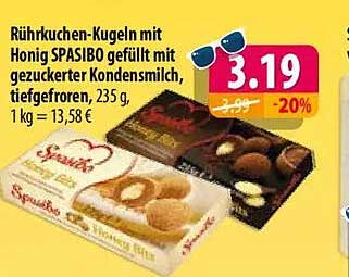 Rührkuchen-Kugeln mit Honig SPASIBO gefüllt mit gezuckerter Kondensmilch, tiefgefroren, 235 g, 1 kg = 13,58 €