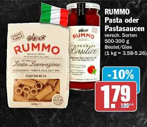 RUMMO Pasta oder Pastasaucen versch. Sorten 500-300 g Beutel/Glas (1 kg = 3.58-5.26)