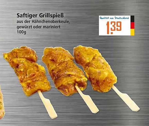 Saftiger Grillspieß aus der Hähnchenoberkeule, gewürzt oder mariniert 100g