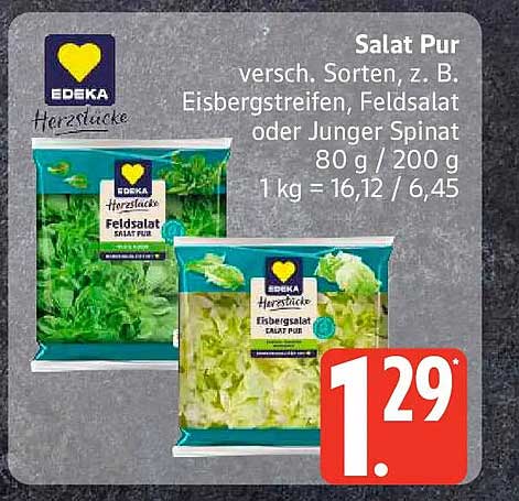 Salat Pur versch. Sorten, z. B. Eisbergstreifen, Feldsalat oder Junger Spinat 80 g / 200 g