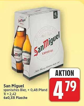 San Miguel spanisches Bier, + 0,48 Pfand 1l = 2,42 6x0,33l Flasche