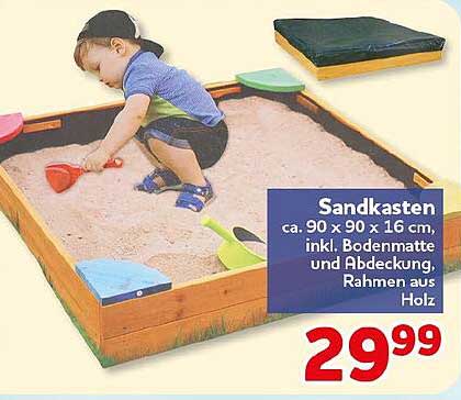 Sandkasten ca. 90 x 90 x 16 cm, inkl. Bodenmatte und Abdeckung, Rahmen aus Holz
