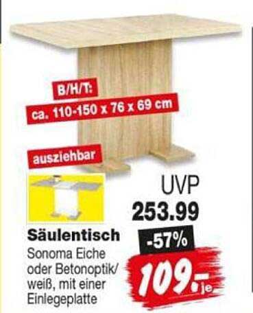 Säulentisch Sonoma Eiche oder Betonoptik/weiß, mit einer Einlegeplatte