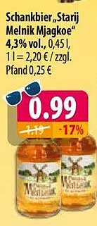 Schankbier „Starij Melnik Mjagkoe“ 4,3% vol., 0,45 l, 1 l = 2,20 / zzgl. Pfand 0,25 €