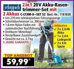 Scheppach 2 in 1 20V Akku-Rasentrimmer-Set mit 2 Akkus CL-T300-X-SET S2