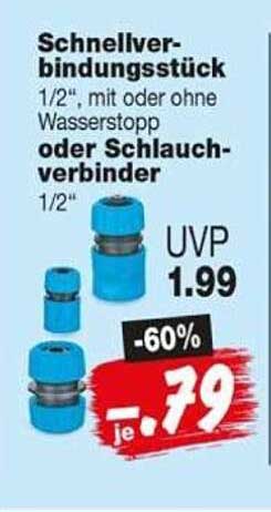 Schnellverbindungsstück 1/2". mit oder ohne Wasserstopp oder Schlauchverbinder 1/2"