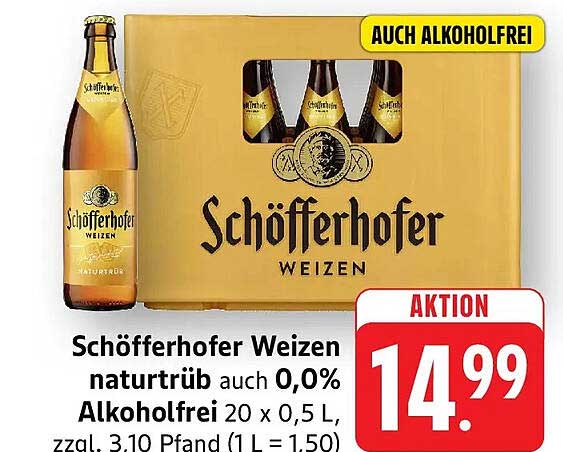 Schöfferhofer Weizen naturtrüb auch 0,0% Alkoholfrei 20 x 0,5 L, zzgl. 3,10 Pfand (1 L = 1,50)