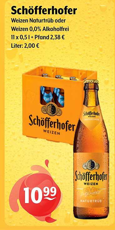 Schöfferhofer Weizen Naturtrüb oder Weizen 0,0% Alkoholfrei 11 x 0,5 l + Pfand 2,38 € Liter: 2,00 €