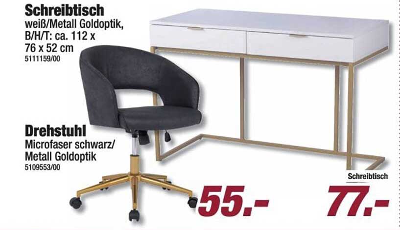 Schreibtisch weiß/Metall Goldoptik, B/H/T: ca. 112 x 76 x 52 cm