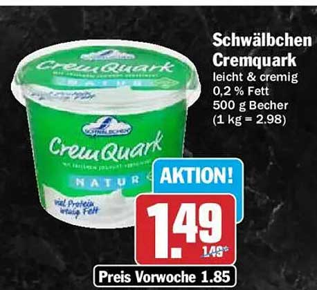 Schwälbchen Cremquark leicht & cremig 0,2 % Fett 500 g Becher (1 kg = 2.98)