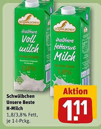 Schwälbchen Unsere Beste H-Milch 1,8/3,8% Fett, je 1-l-Pckg.
