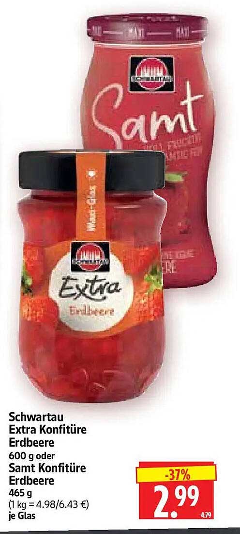 Schwartau Extra Konfitüre Erdbeere 600 g oder Samt Konfitüre Erdbeere 465 g