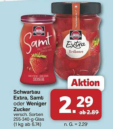 Schwartau Extra, Samt oder Weniger Zucker versch. Sorten 255-340-g-Glas (1 kg ab 6.74)