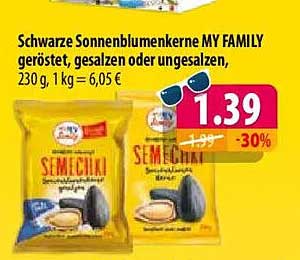 Schwarze Sonnenblumenkerne MY FAMILY geröstet, gesalzen oder ungesalzen, 230 g, 1 kg = 6,05 €