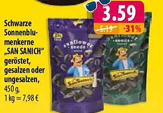 Schwarze Sonnenblumenkerne „SAN SANICH“ geröstet, gesalzen oder ungesalzen, 450 g, 1 kg = 7,98 €