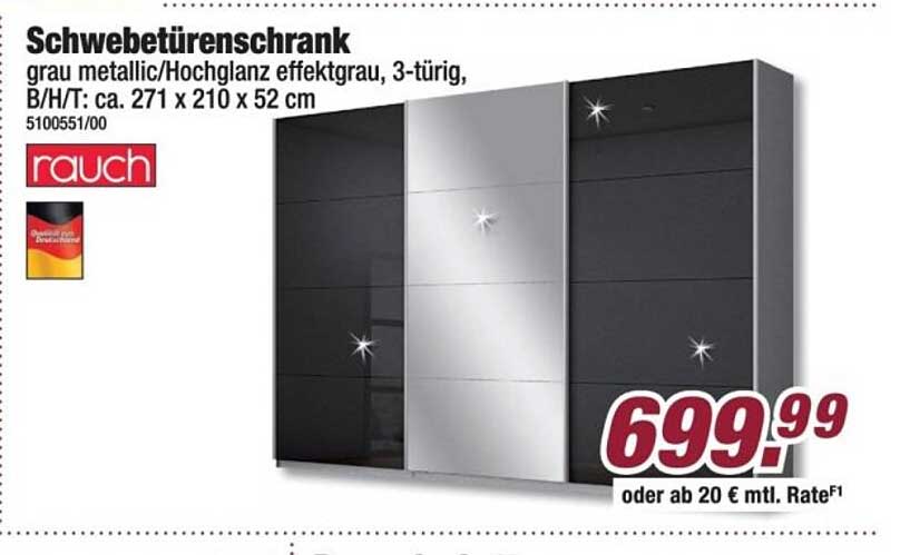 Schwebetürenschrank grau metallic/Hochglanz ефектgrau, 3-türig, B/H/T: ca. 271 x 210 x 52 cm