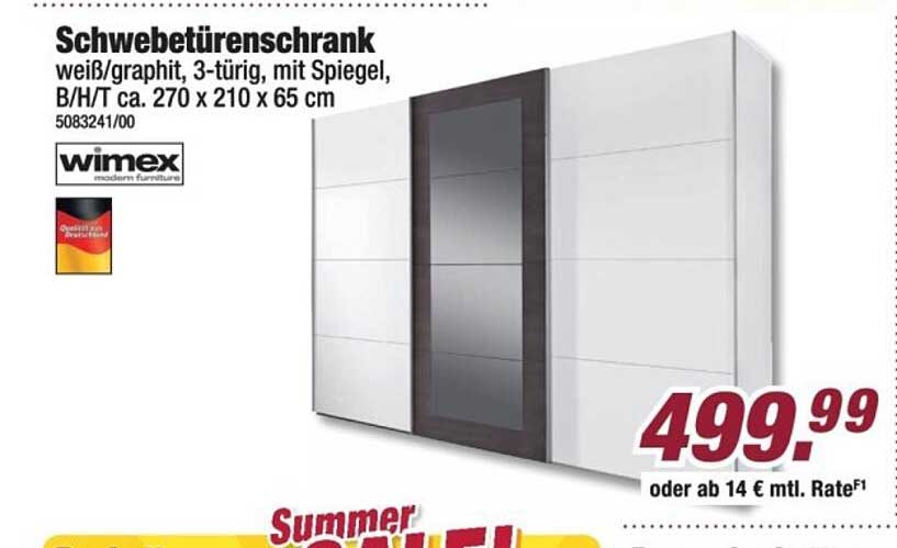 Schwebetürenschrank weiß/graphit, 3-türig, mit Spiegel, B/H/T ca. 270 x 210 x 65 cm