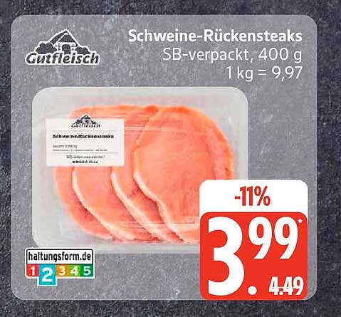 Schweine-Rückensteaks SB-verpackt, 400 g 1 kg = 9,97