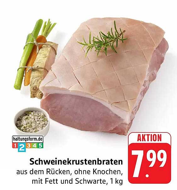 Schweinekrustenbraten aus dem Rücken, ohne Knochen, mit Fett und Schwarte, 1 kg