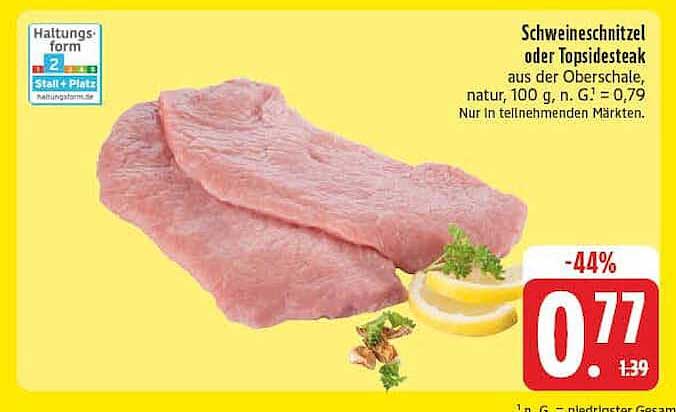 Schweineschnitzel oder Topsidesteak aus der Oberschale, natur, 100 g