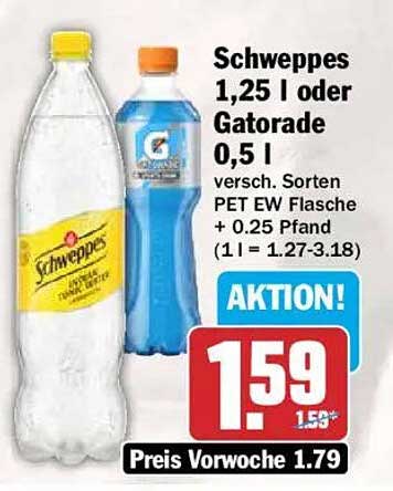Schweppes 1,25 l oder Gatorade 0,5 l versch. Sorten PET Flasche + 0.25 Pfand (1 l = 1.27-3.18)