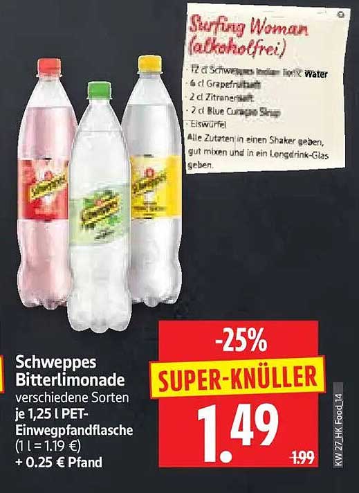Schweppes Bitterlimonade verschiedene Sorten je 1,25 l PET-Einwegpfandflasche
