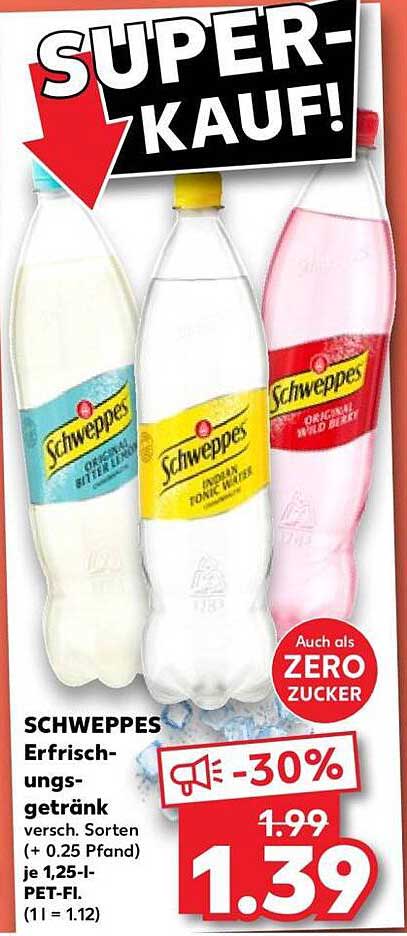 SCHWEPPES Erfrischungsgetränk versch. Sorten (+ 0,25 Pfand) je 1,25-l-PET-Fl. (1l = 1.12)