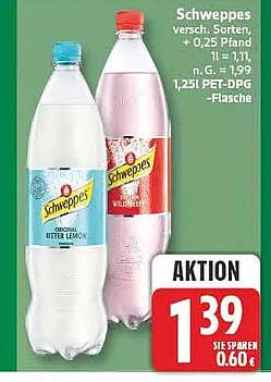 Schweppes versch. Sorten + 0,25 Pfand, 1 l = 1,11 / 1 l = 1,39 / 1,25 l PET-DPG-Flasche