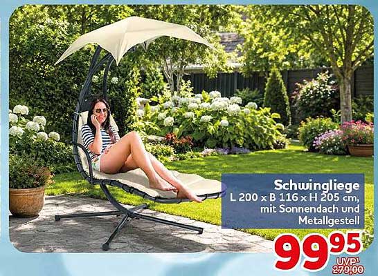 Schwingliege L 200 x B 116 x H 205 cm, mit Sonnendach und Metallgestell