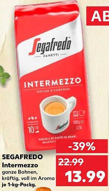 Segafredo Intermezzo ganze Bohnen, kräftig, voll im Aroma je 1-kg-Packg.