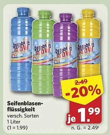 Seifenblasen-flüssigkeit versch. Sorten 1 Liter (1 = 1.99)