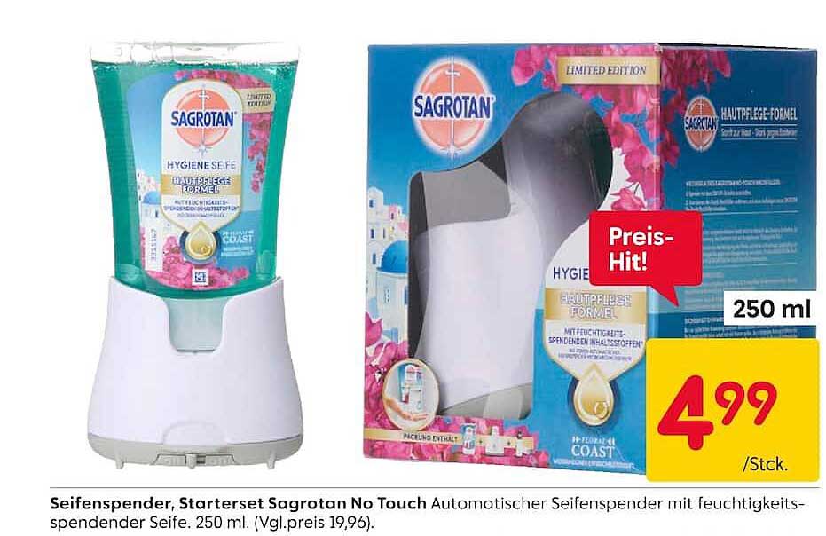 Seifenspender, Starterset Sagrotan No Touch Automatischer Seifenspender mit feuchtigkeits-spendender Seife. 250 ml. (Vgl.preis 19,96).