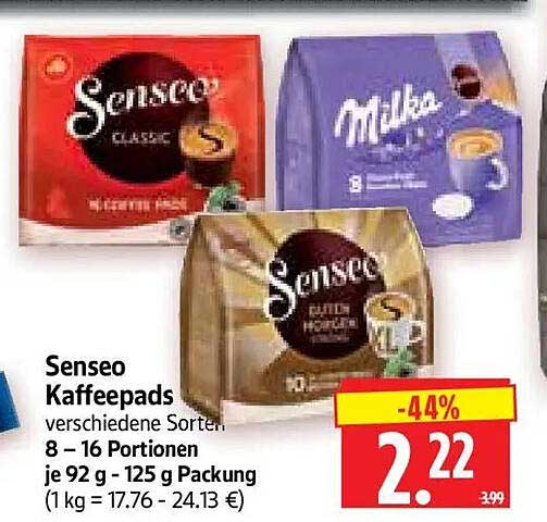 Senseo Kaffeepads verschiedene Sorten 8 - 16 Portionen je 92 g - 125 g Packung (1 kg = 17.76 - 24.13 €)