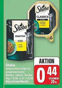 Sheba Alleinfuttermittel für ausgewachsene Katzen, versch. Sorten 1kg = 5,18, n. g. = 0,55 85g Schale/Beutel AKTION