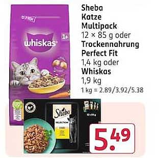 Sheba Katze Multipack 12 x 85 g oder Trockennahrung Perfect Fit 1,4 kg oder Whiskas 1,9 kg