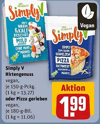 Simply V Hirtengenuss vegan, je 150-g-Pckg. (1 kg = 13.27) oder Pizza gerieben vegan, je 180-g-Btl. (1 kg = 11.06)